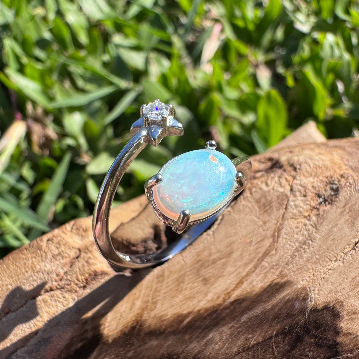 0.6ct Lightning Ridge Opal & Cubic Zirconia Ring ~ 'Wollombi Valley Blues' | 925 Sterling Silver | Solid Australian Opal