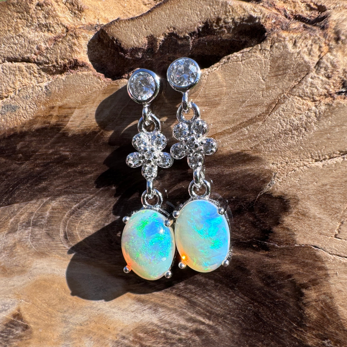 1.2ct Coober Pedy Crystal Opal & Cubic Zirconia Stud Drop Earrings ~ 'Wallaman Falls Drops' | 925 Sterling Silver | Solid Australian Opal