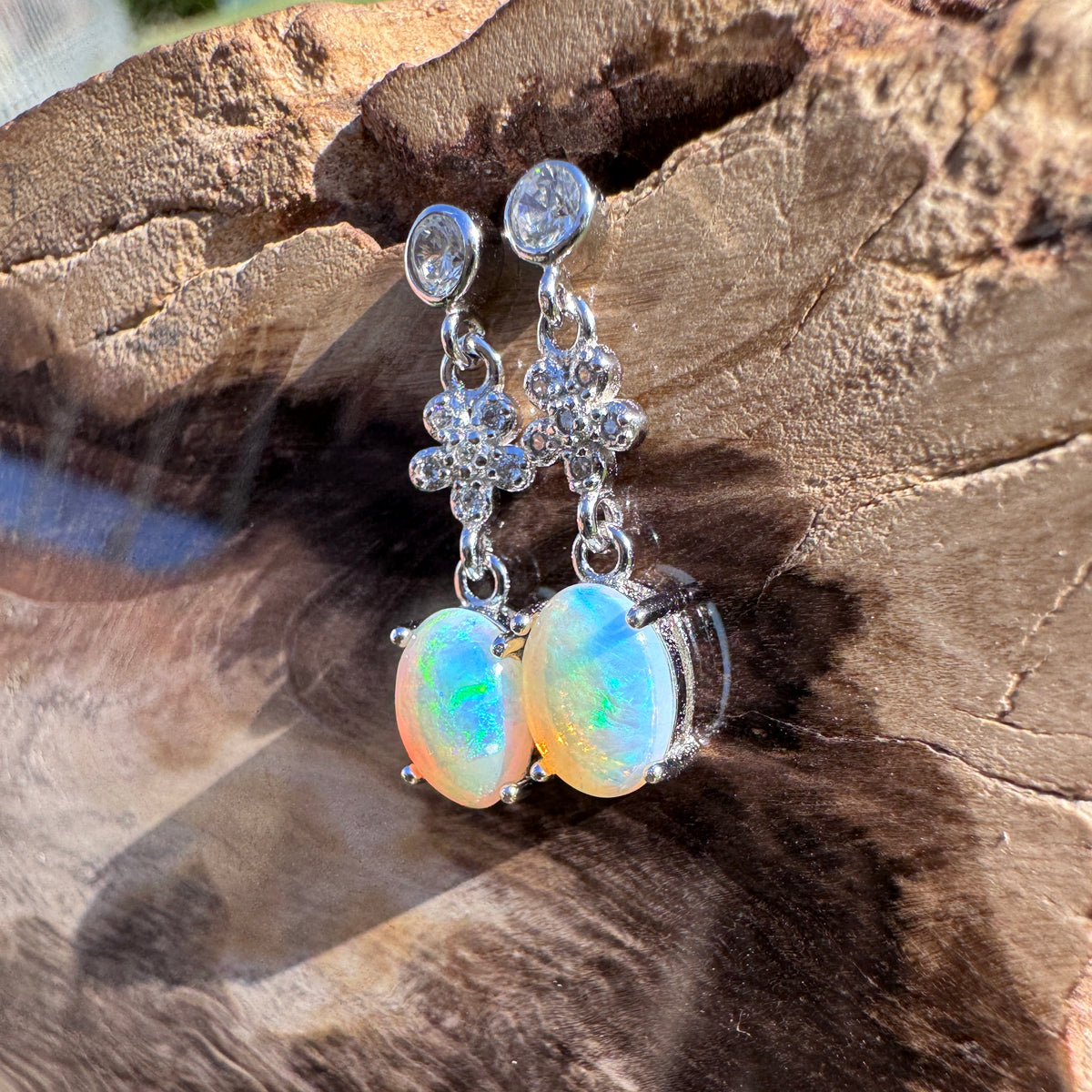 1.2ct Coober Pedy Crystal Opal & Cubic Zirconia Stud Drop Earrings ~ 'Wallaman Falls Drops' | 925 Sterling Silver | Solid Australian Opal