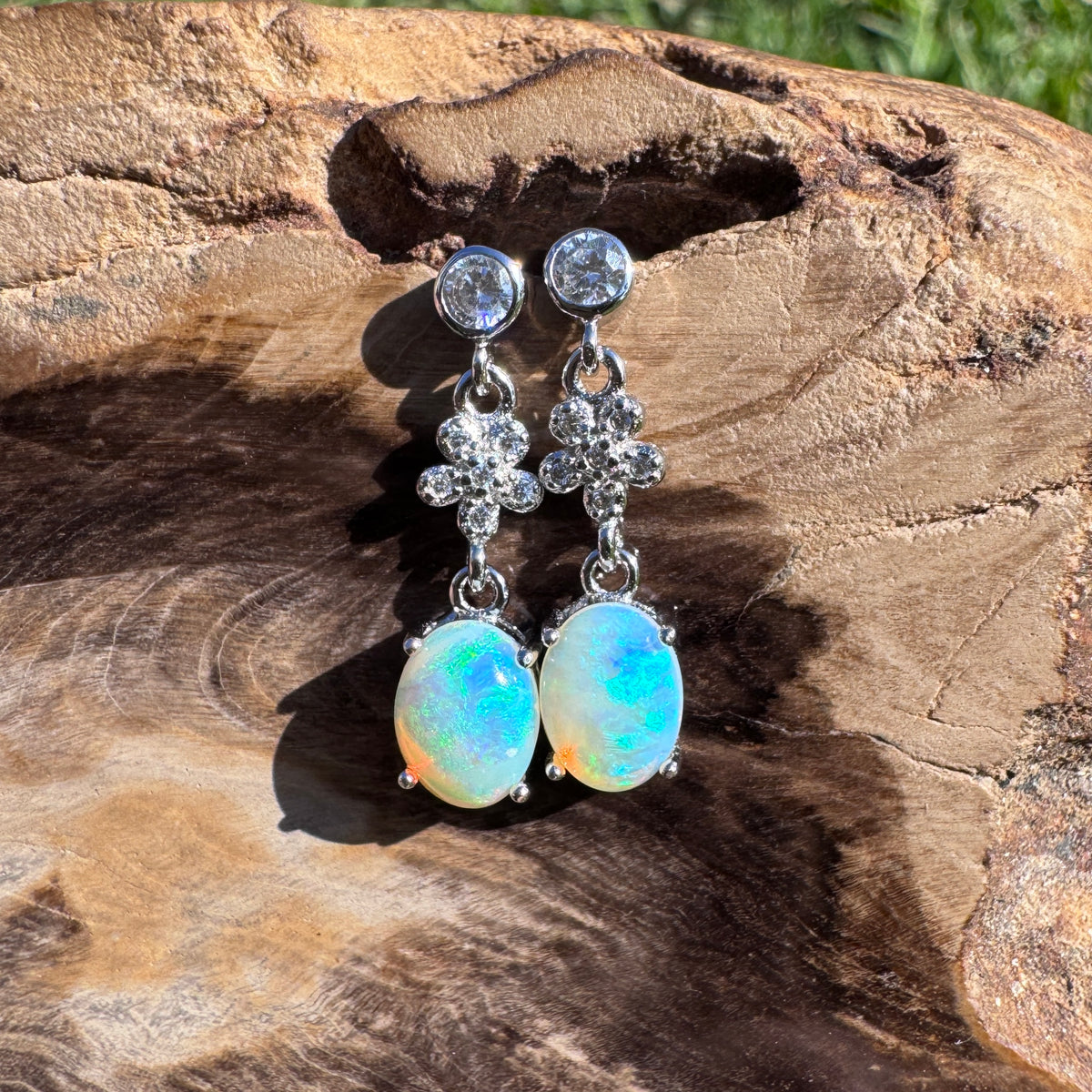 1.2ct Coober Pedy Crystal Opal & Cubic Zirconia Stud Drop Earrings ~ 'Wallaman Falls Drops' | 925 Sterling Silver | Solid Australian Opal