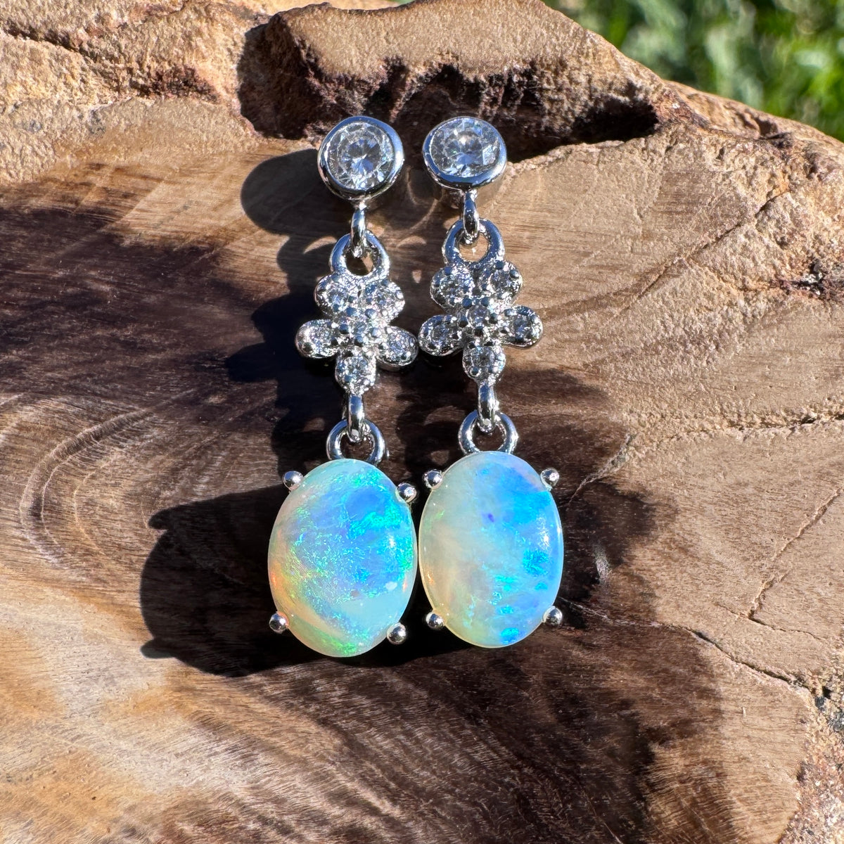 1.2ct Coober Pedy Crystal Opal & Cubic Zirconia Stud Drop Earrings ~ 'Wallaman Falls Drops' | 925 Sterling Silver | Solid Australian Opal