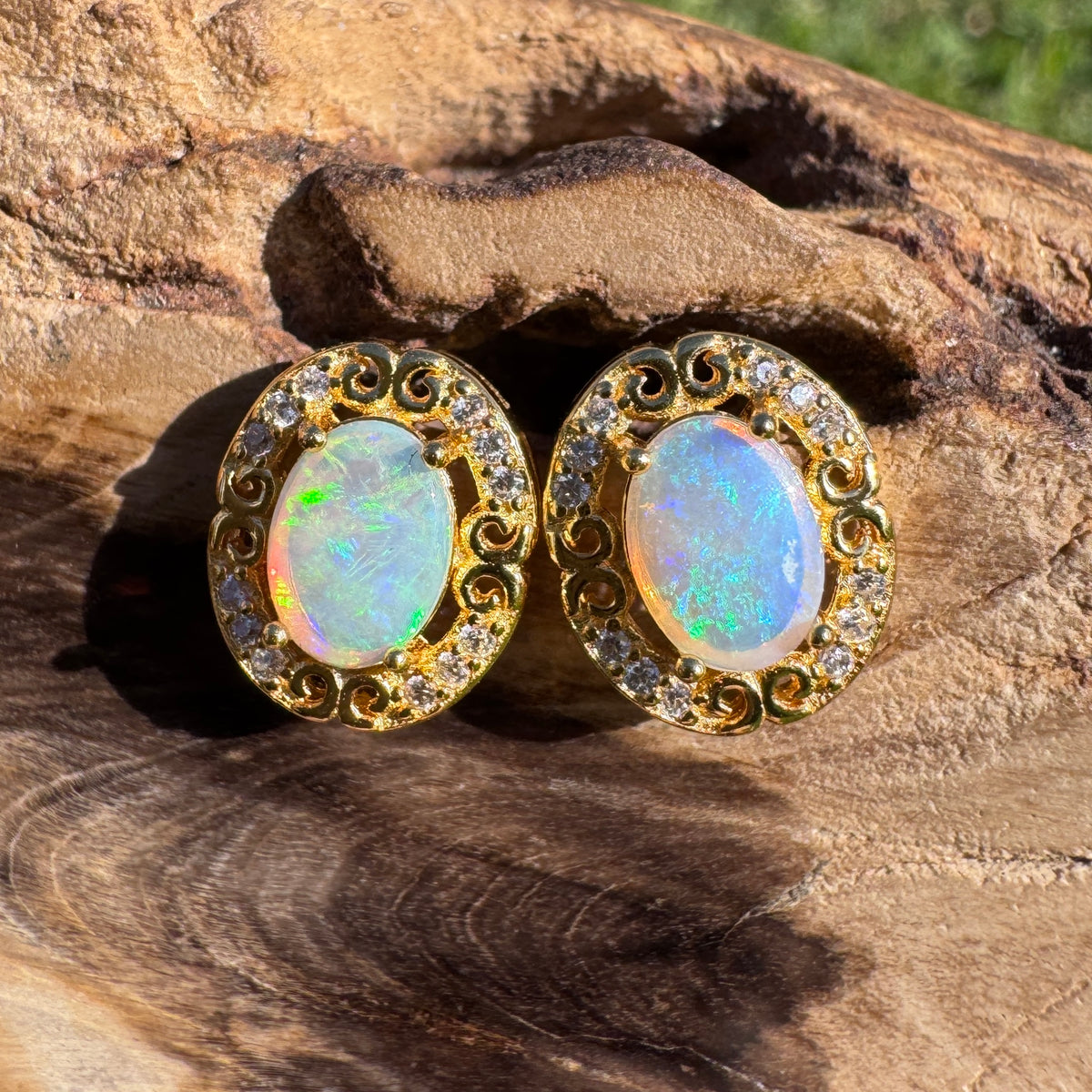 0.8ct Coober Pedy Opal & Cubic Zirconia Stud Earrings ~ 'Gympie Gold' | Yellow Gold Coated 925 Sterling Silver | Solid Australian Opal