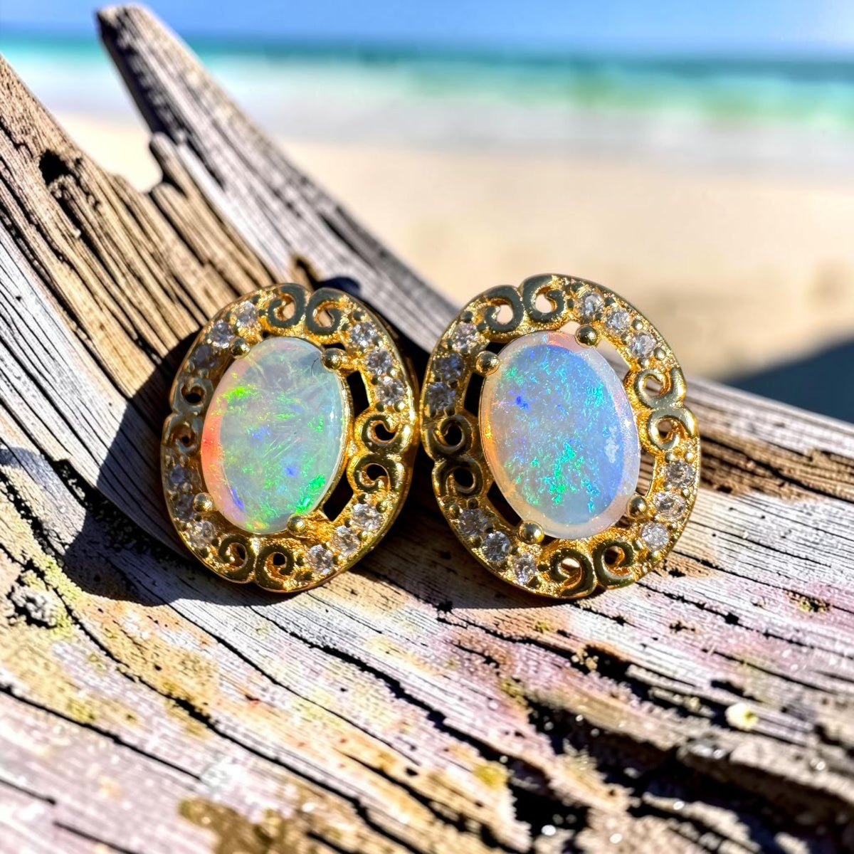 0.8ct Coober Pedy Opal & Cubic Zirconia Stud Earrings ~ 'Gympie Gold' | Yellow Gold Coated 925 Sterling Silver | Solid Australian Opal