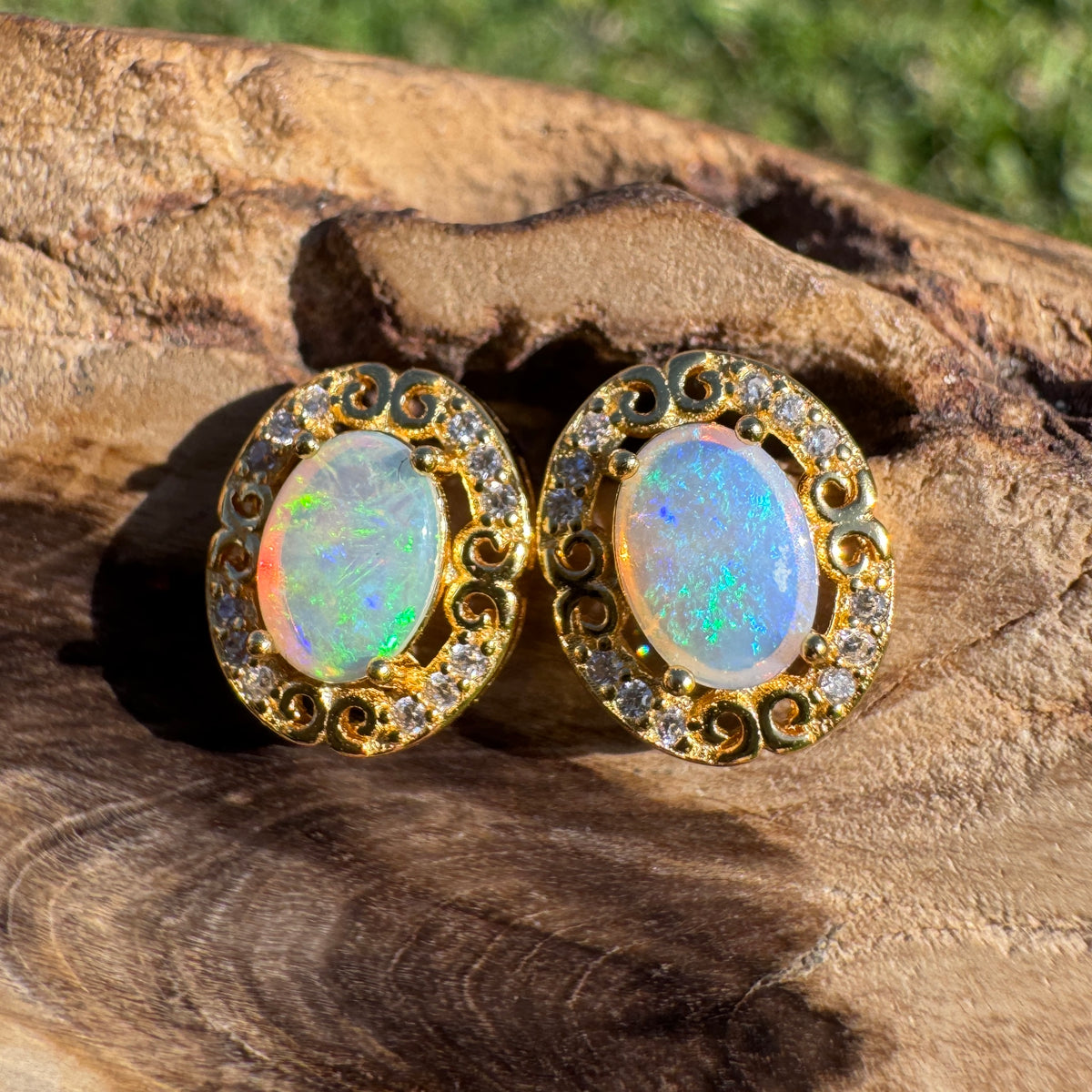 0.8ct Coober Pedy Opal & Cubic Zirconia Stud Earrings ~ 'Gympie Gold' | Yellow Gold Coated 925 Sterling Silver | Solid Australian Opal
