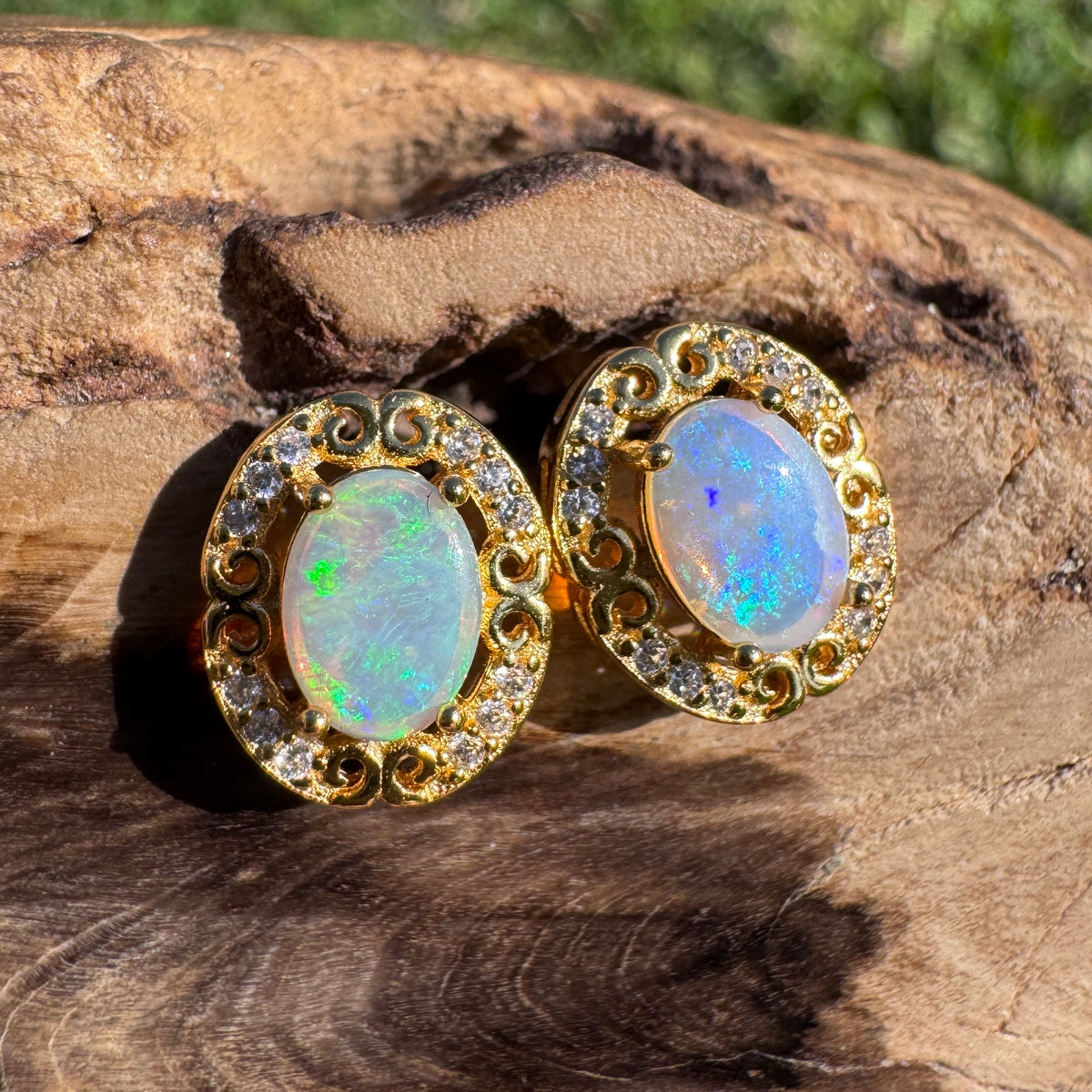 0.8ct Coober Pedy Opal & Cubic Zirconia Stud Earrings ~ 'Gympie Gold' | Yellow Gold Coated 925 Sterling Silver | Solid Australian Opal
