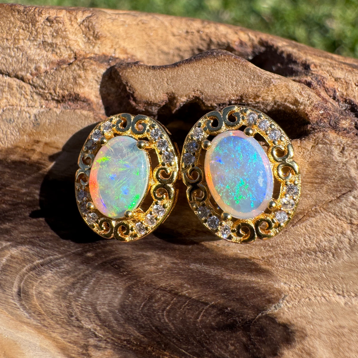 0.8ct Coober Pedy Opal & Cubic Zirconia Stud Earrings ~ 'Gympie Gold' | Yellow Gold Coated 925 Sterling Silver | Solid Australian Opal
