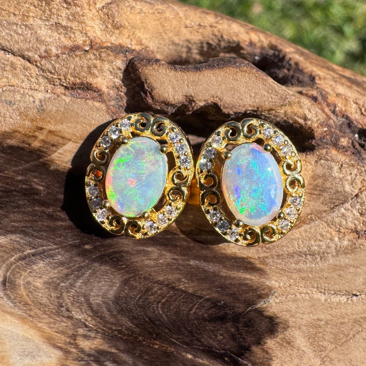 0.8ct Coober Pedy Opal & Cubic Zirconia Stud Earrings ~ 'Gympie Gold' | Yellow Gold Coated 925 Sterling Silver | Solid Australian Opal