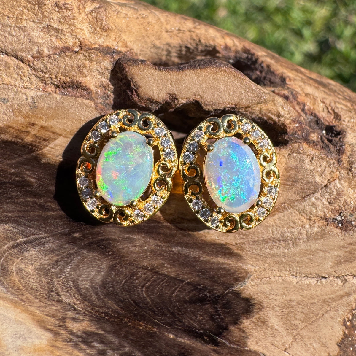 0.8ct Coober Pedy Opal & Cubic Zirconia Stud Earrings ~ 'Gympie Gold' | Yellow Gold Coated 925 Sterling Silver | Solid Australian Opal