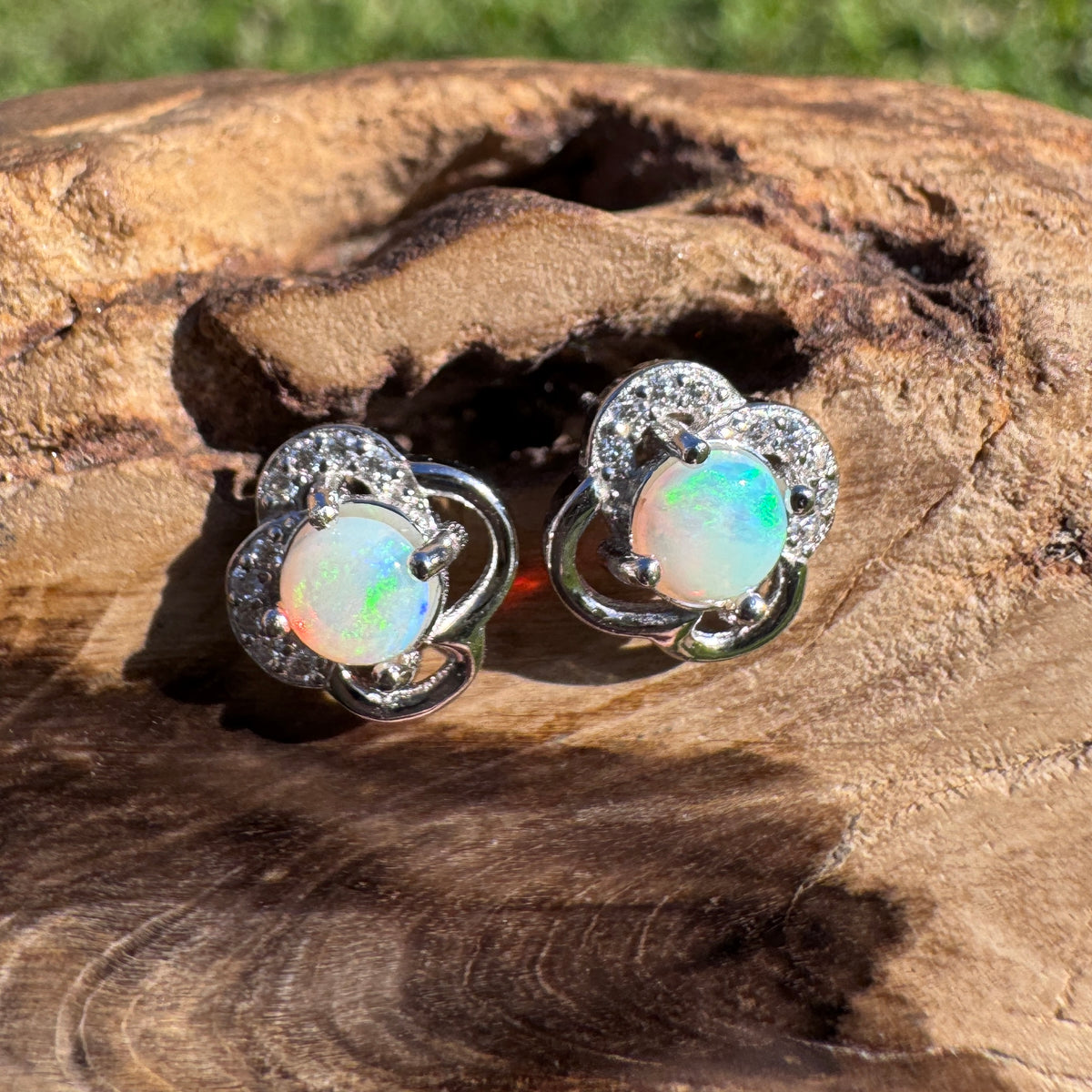 0.4ct Coober Pedy Opal & Cubic Zirconia Stud Earrings ~ 'Hepburn Springs Blues' | 925 Sterling Silver | Solid Australian Opal
