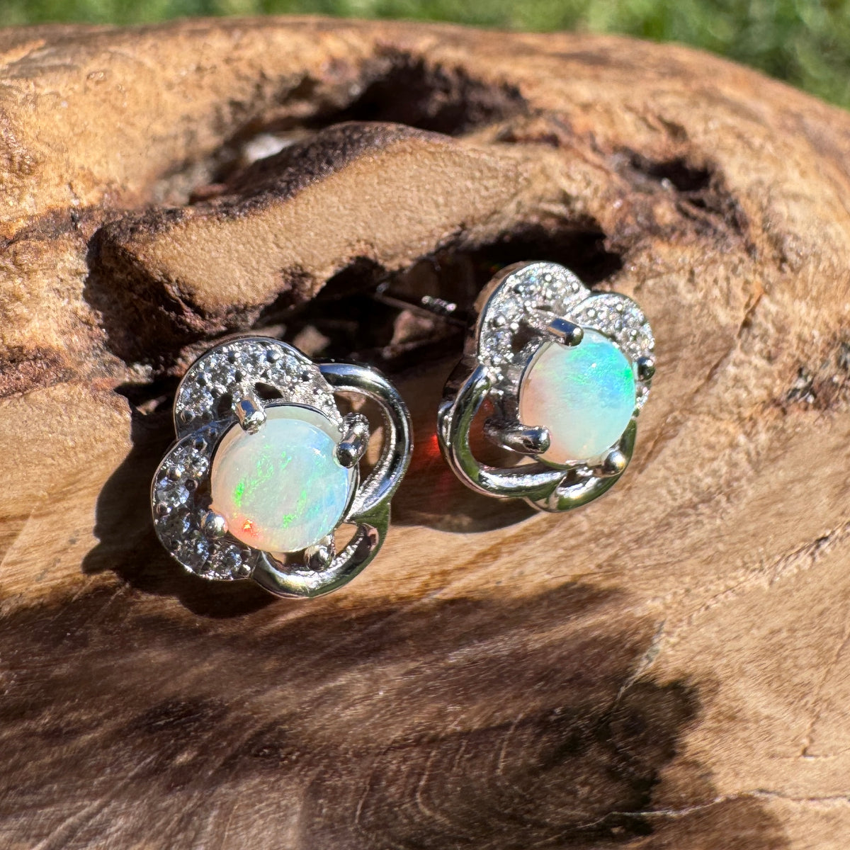 0.4ct Coober Pedy Opal & Cubic Zirconia Stud Earrings ~ 'Hepburn Springs Blues' | 925 Sterling Silver | Solid Australian Opal