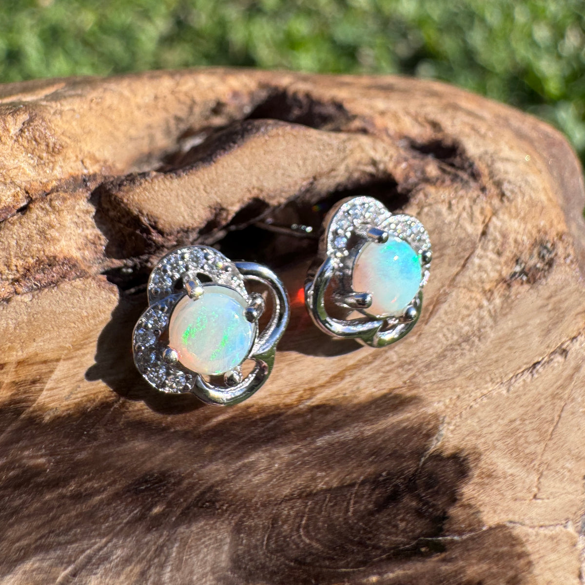 0.4ct Coober Pedy Opal & Cubic Zirconia Stud Earrings ~ 'Hepburn Springs Blues' | 925 Sterling Silver | Solid Australian Opal