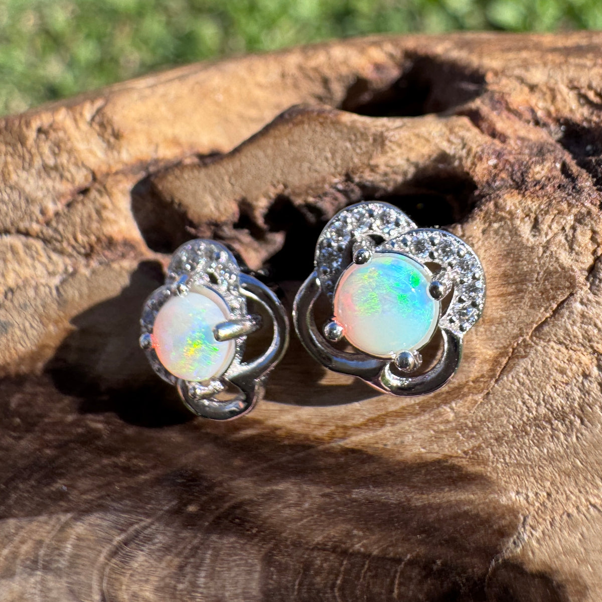 0.4ct Coober Pedy Opal & Cubic Zirconia Stud Earrings ~ 'Hepburn Springs Blues' | 925 Sterling Silver | Solid Australian Opal