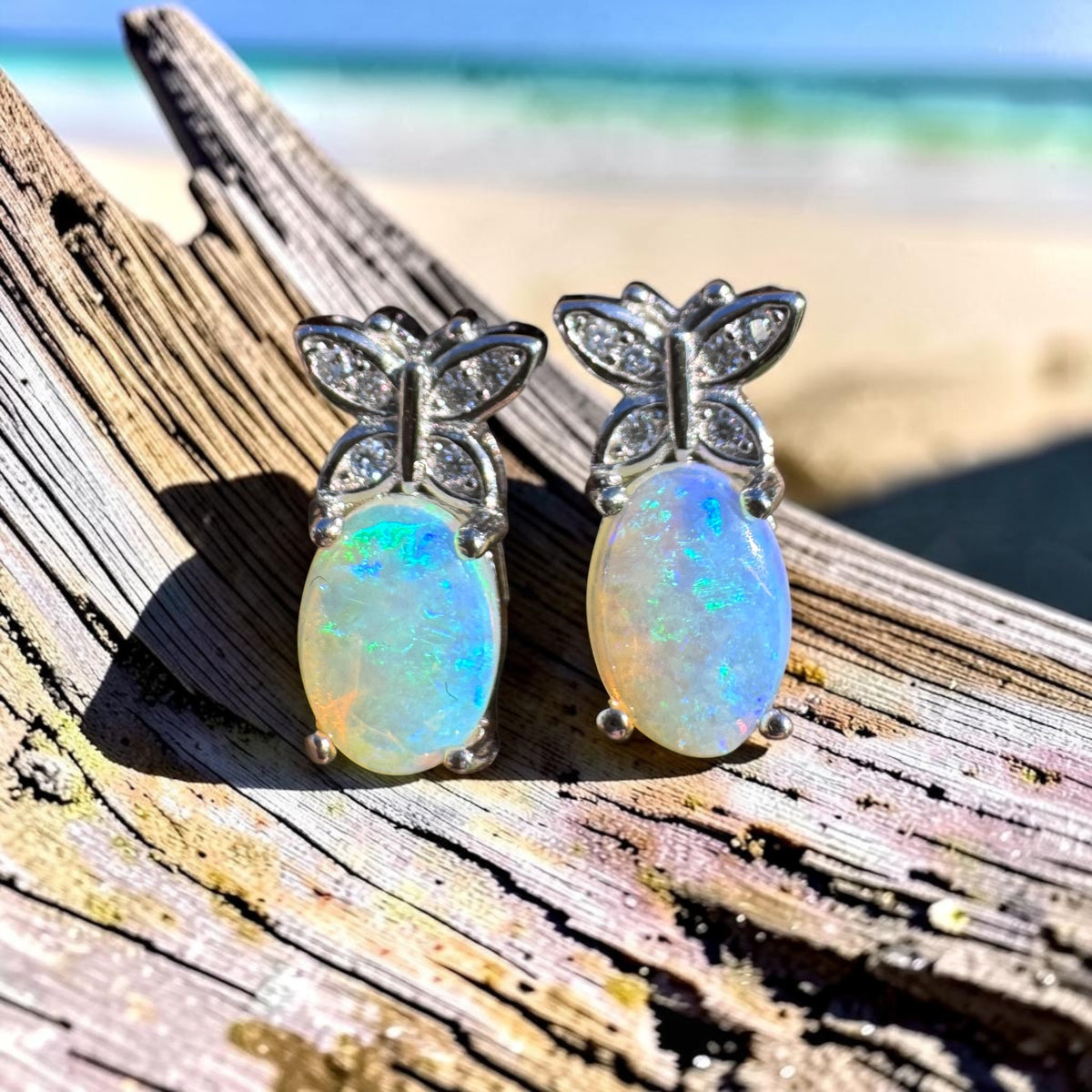 0.8ct Coober Pedy Crystal Opal & Cubic Zirconia Stud Earrings ~ 'Cape Schanck Blues' | 925 Sterling Silver | Solid Australian Opal