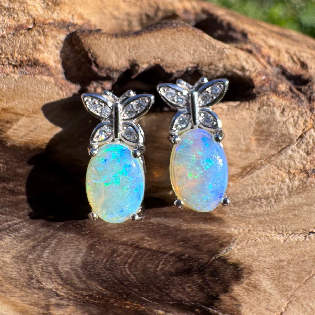 0.8ct Coober Pedy Crystal Opal & Cubic Zirconia Stud Earrings ~ 'Cape Schanck Blues' | 925 Sterling Silver | Solid Australian Opal