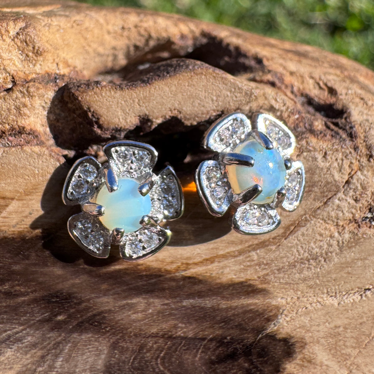 0.4ct Coober Pedy Opal & Cubic Zirconia Stud Earrings ~ 'Tangalooma Blues' | 925 Sterling Silver | Solid Australian Opal