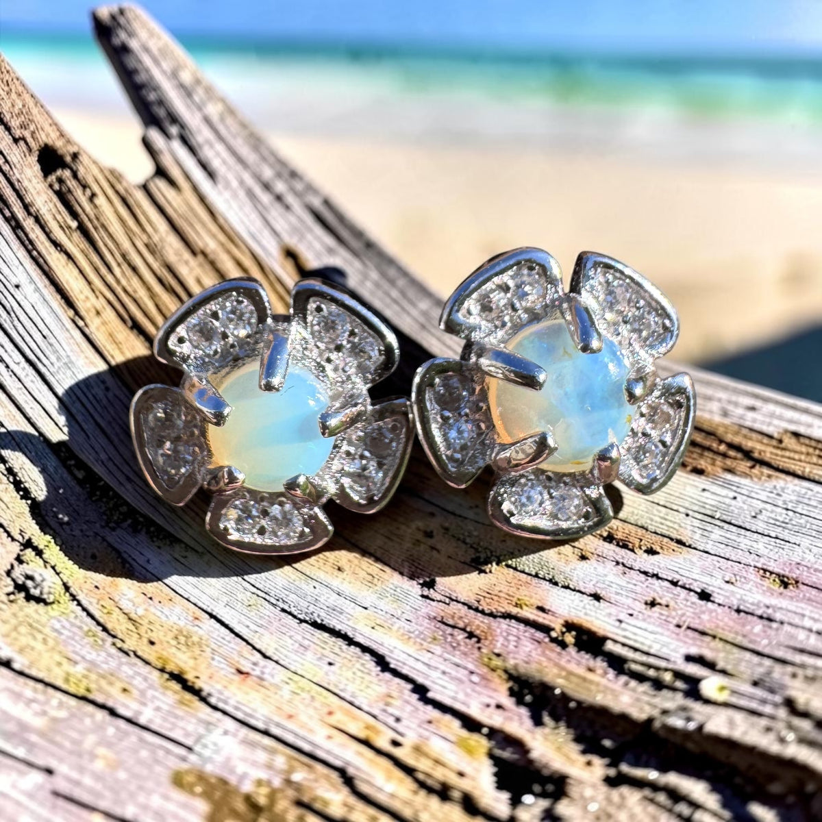 0.4ct Coober Pedy Opal & Cubic Zirconia Stud Earrings ~ 'Tangalooma Blues' | 925 Sterling Silver | Solid Australian Opal