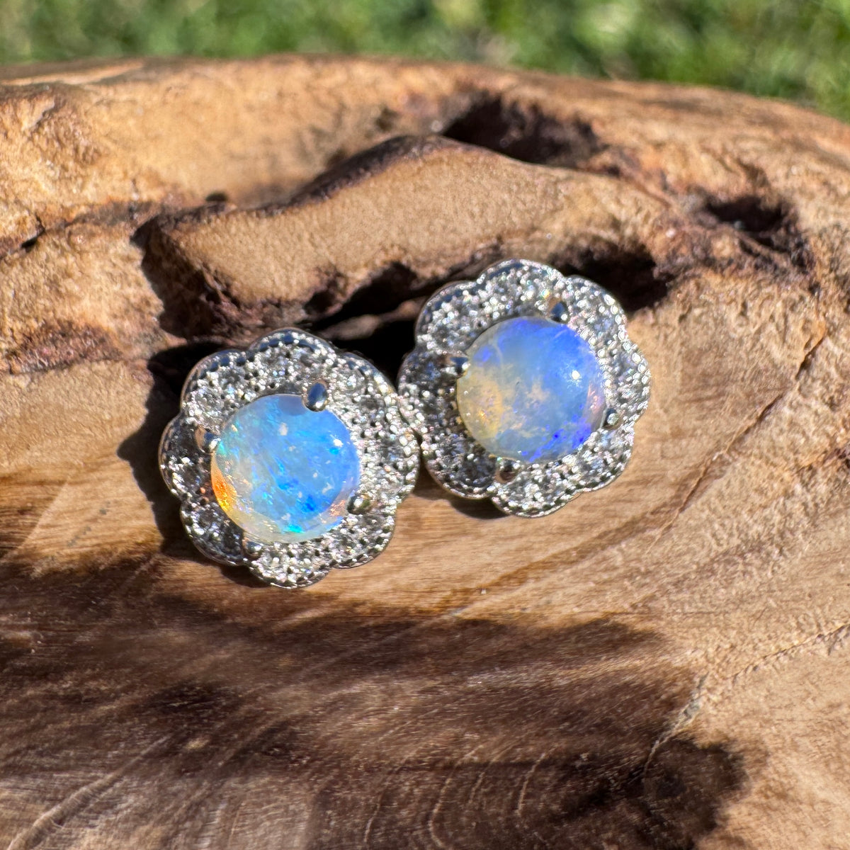 0.6ct Lightning Ridge Crystal Opal & Cubic Zirconia Stud Earrings ~ 'Lake Ainsworth Glimmer' | 925 Sterling Silver | Solid Australian Opal