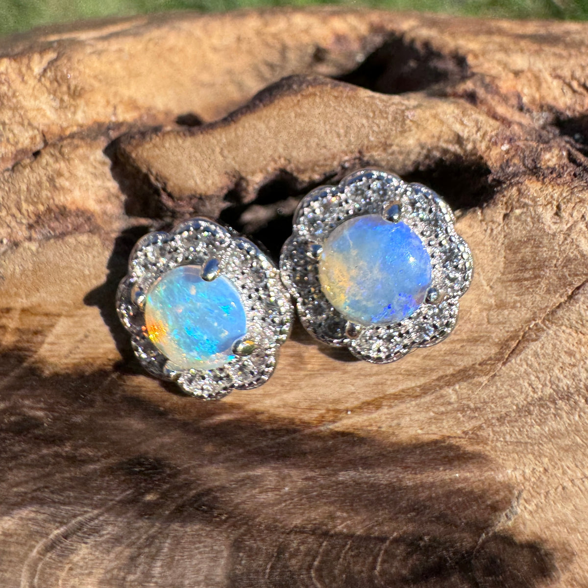 0.6ct Lightning Ridge Crystal Opal & Cubic Zirconia Stud Earrings ~ 'Lake Ainsworth Glimmer' | 925 Sterling Silver | Solid Australian Opal