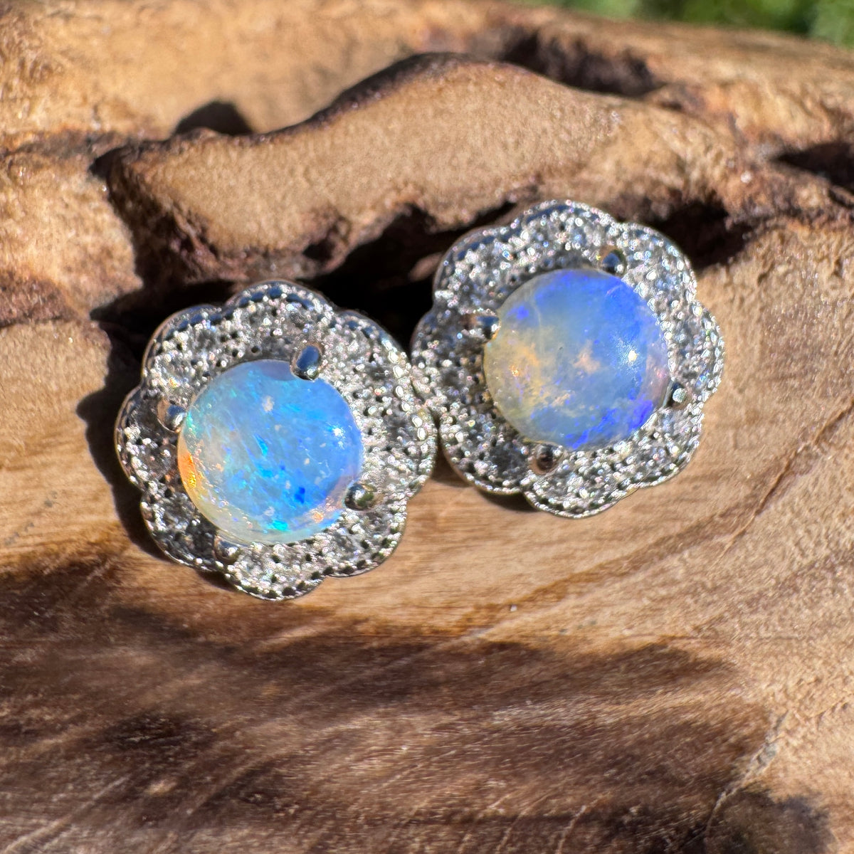 0.6ct Lightning Ridge Crystal Opal & Cubic Zirconia Stud Earrings ~ 'Lake Ainsworth Glimmer' | 925 Sterling Silver | Solid Australian Opal