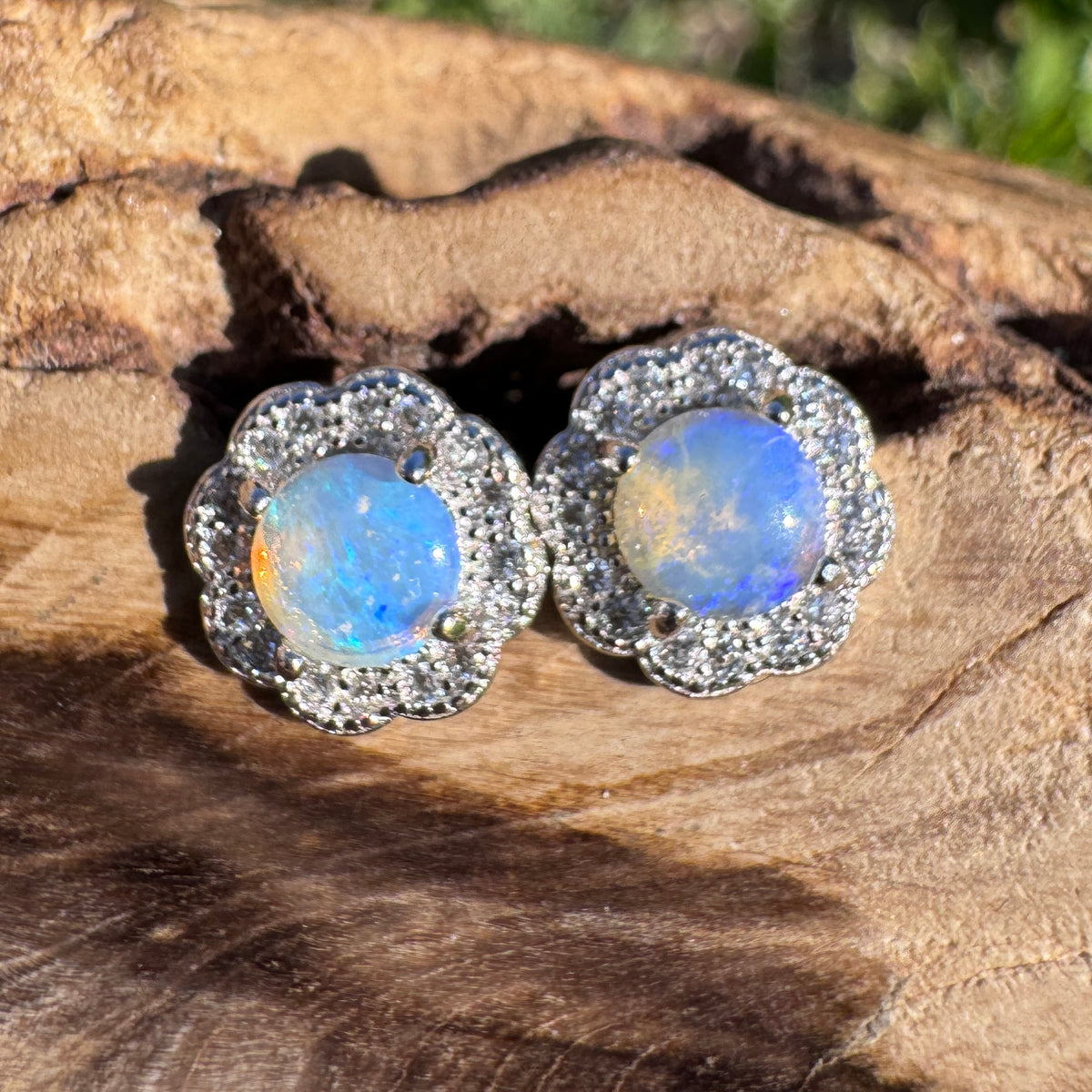 0.6ct Lightning Ridge Crystal Opal & Cubic Zirconia Stud Earrings ~ 'Lake Ainsworth Glimmer' | 925 Sterling Silver | Solid Australian Opal