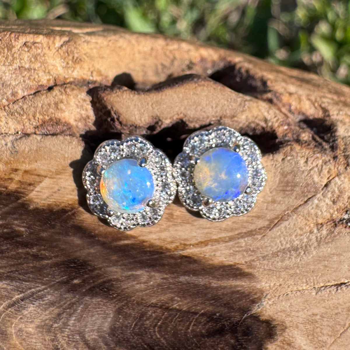 0.6ct Lightning Ridge Crystal Opal & Cubic Zirconia Stud Earrings ~ 'Lake Ainsworth Glimmer' | 925 Sterling Silver | Solid Australian Opal
