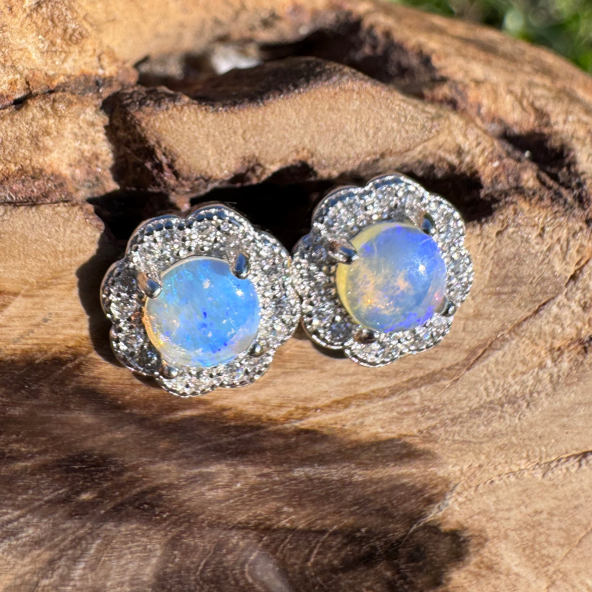 0.6ct Lightning Ridge Crystal Opal & Cubic Zirconia Stud Earrings ~ 'Lake Ainsworth Glimmer' | 925 Sterling Silver | Solid Australian Opal