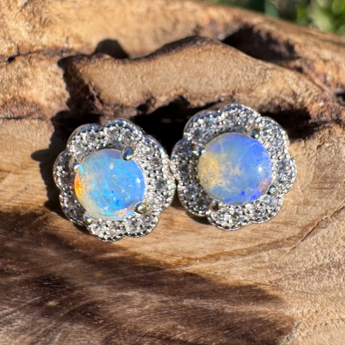 0.6ct Lightning Ridge Crystal Opal & Cubic Zirconia Stud Earrings ~ 'Lake Ainsworth Glimmer' | 925 Sterling Silver | Solid Australian Opal
