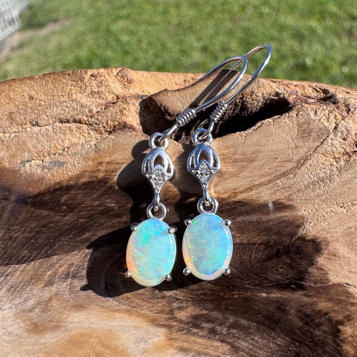 1.2ct Coober Pedy Crystal Opal & Cubic Zirconia Hook Earrings ~ 'Purling Brook Drops' | 925 Sterling Silver | Solid Australian Opal