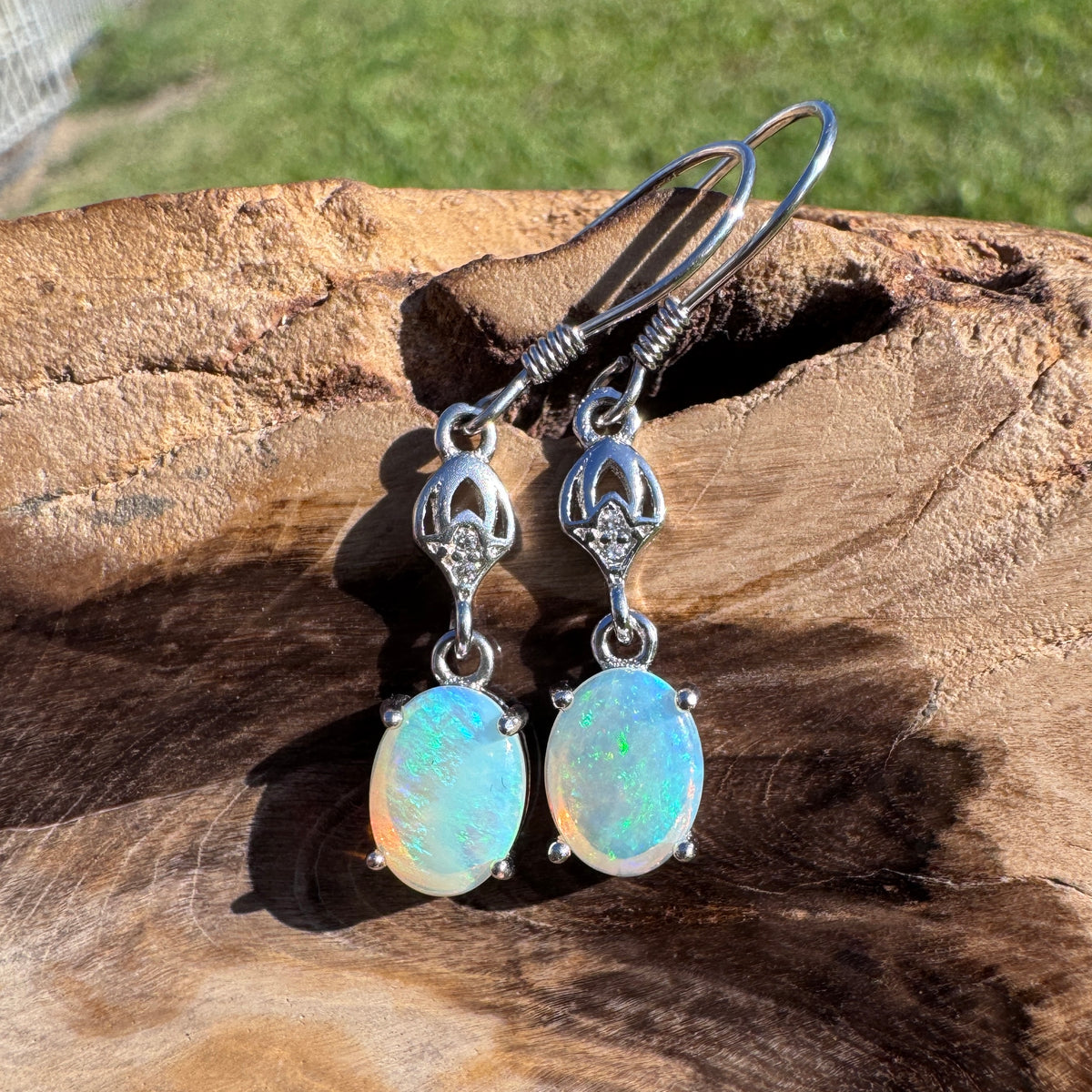 1.2ct Coober Pedy Crystal Opal & Cubic Zirconia Hook Earrings ~ 'Purling Brook Drops' | 925 Sterling Silver | Solid Australian Opal