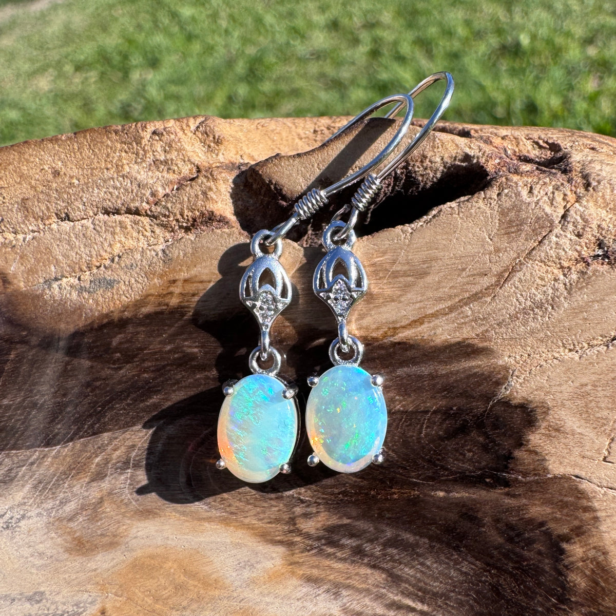 1.2ct Coober Pedy Crystal Opal & Cubic Zirconia Hook Earrings ~ 'Purling Brook Drops' | 925 Sterling Silver | Solid Australian Opal