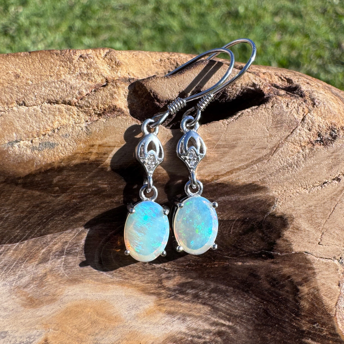 1.2ct Coober Pedy Crystal Opal & Cubic Zirconia Hook Earrings ~ 'Purling Brook Drops' | 925 Sterling Silver | Solid Australian Opal