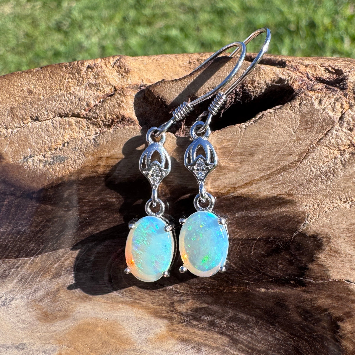 1.2ct Coober Pedy Crystal Opal & Cubic Zirconia Hook Earrings ~ 'Purling Brook Drops' | 925 Sterling Silver | Solid Australian Opal