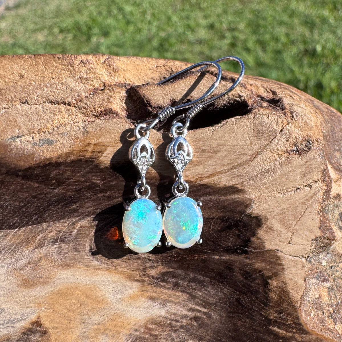 1.2ct Coober Pedy Crystal Opal & Cubic Zirconia Hook Earrings ~ 'Purling Brook Drops' | 925 Sterling Silver | Solid Australian Opal