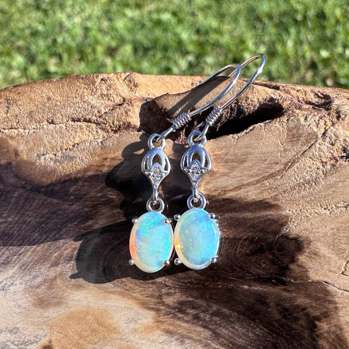 1.2ct Coober Pedy Crystal Opal & Cubic Zirconia Hook Earrings ~ 'Purling Brook Drops' | 925 Sterling Silver | Solid Australian Opal