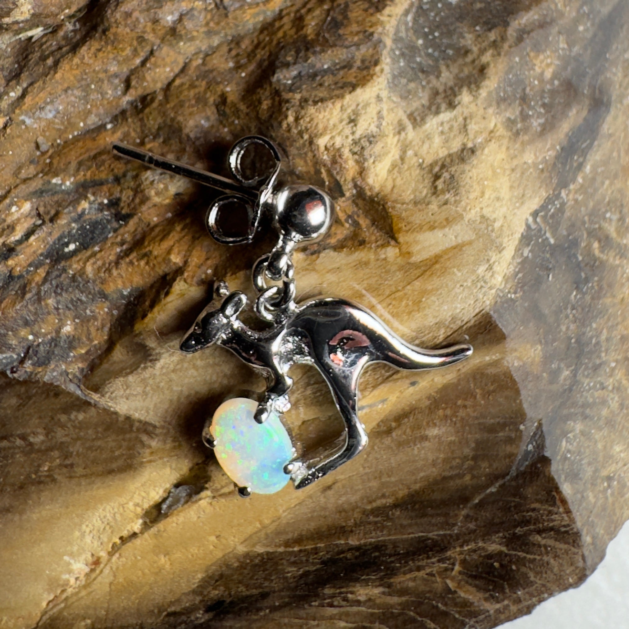 Daintree Dew Hop ~ 0.6ct Coober Pedy Opal Sterling Silver KangarooEarrings