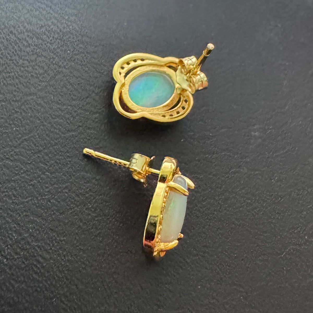 1.2ct Coober Pedy Crystal Opal & Cubic Zirconia Stud Earrings ~ 'Ravenswood Gold' | Yellow Gold Coated 925 Sterling Silver | Solid Australian Opal