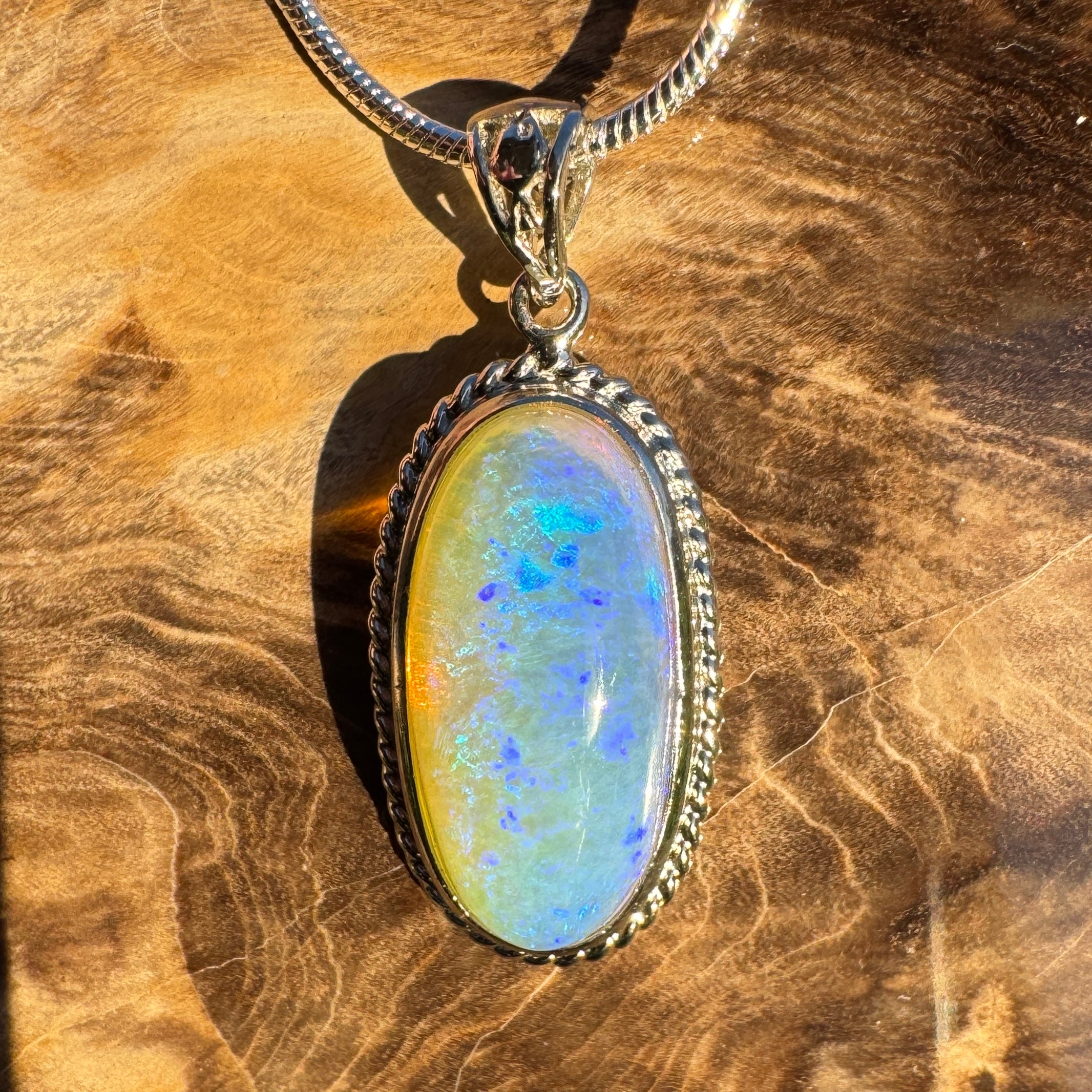 7.7ct Coober Pedy Crystal Opal Pendant Necklace ~ 'Vivonne Bay Blue' | 925 Sterling Silver | Solid Australian Opal