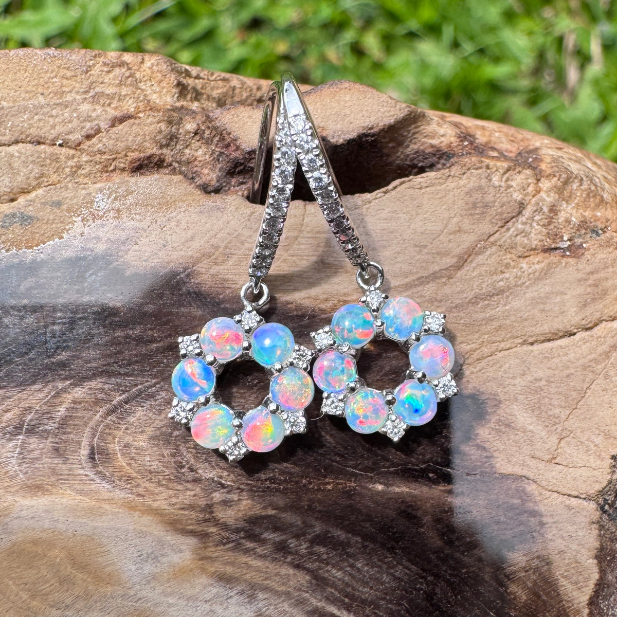 1.2ct Lightning Ridge Opal & 0.23ct Diamond Flower Hook Earrings ~ 'Kings Park Blossom' | 14ct White Gold | Solid Australian Opal