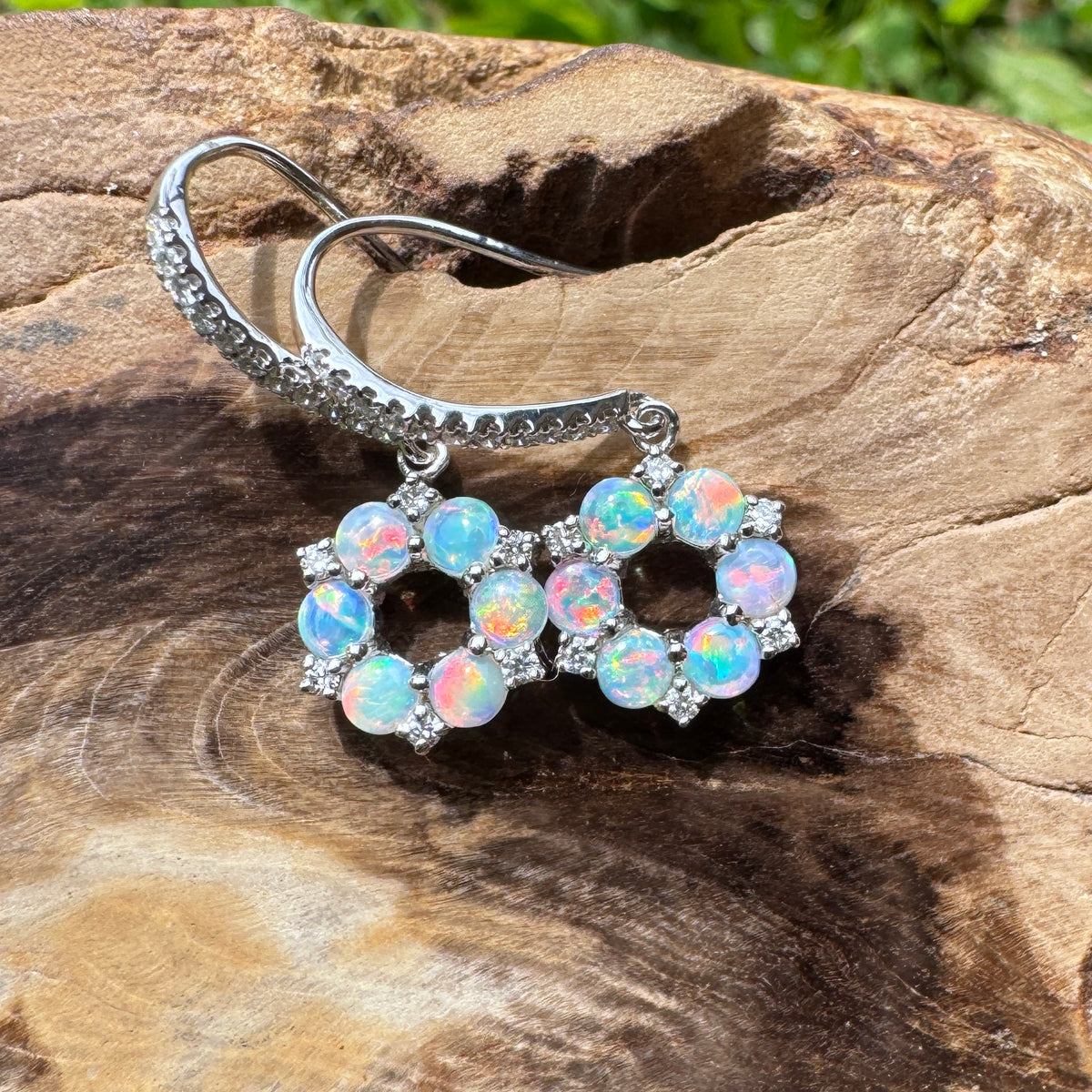 1.2ct Lightning Ridge Opal & 0.23ct Diamond Flower Hook Earrings ~ 'Kings Park Blossom' | 14ct White Gold | Solid Australian Opal