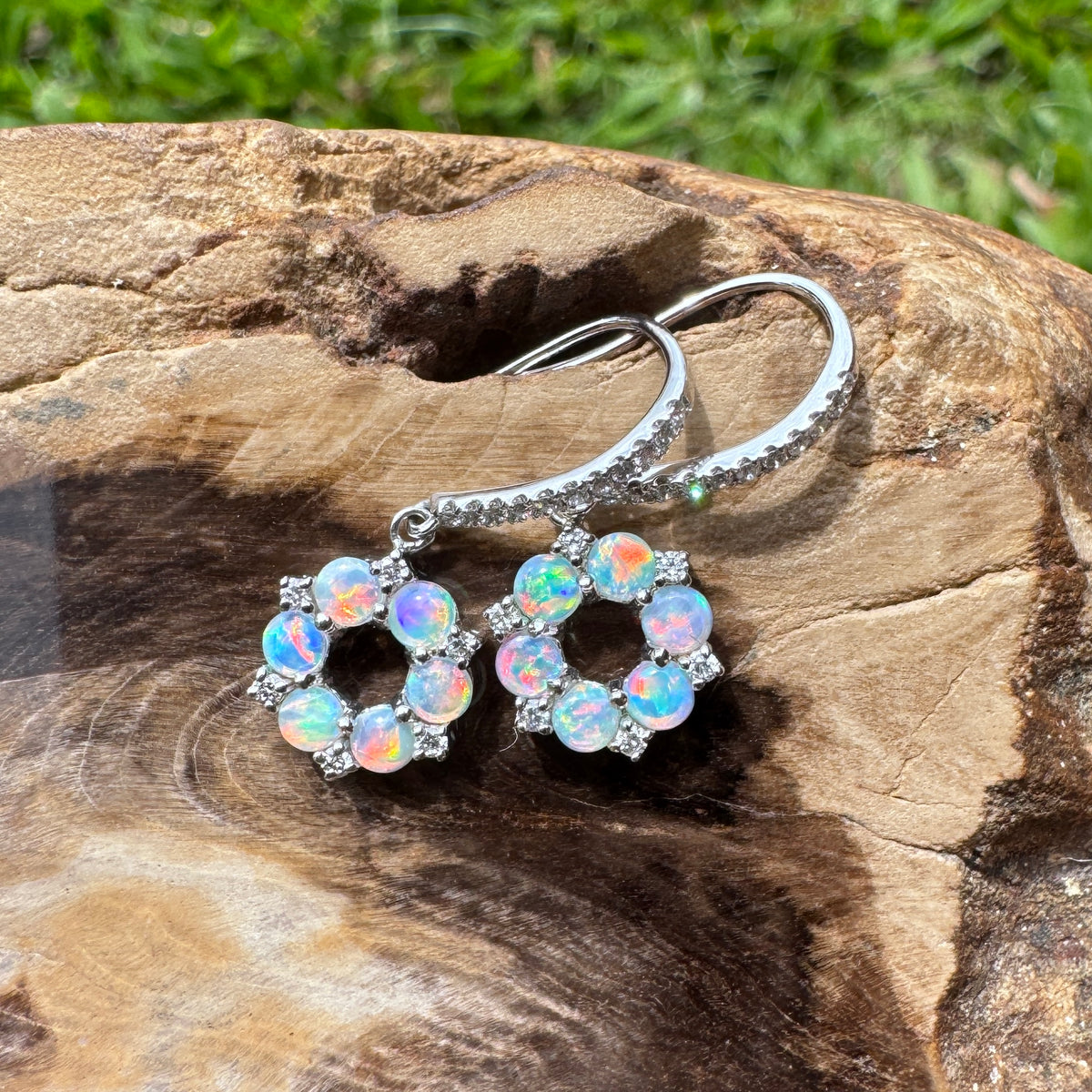 1.2ct Lightning Ridge Opal & 0.23ct Diamond Flower Hook Earrings ~ 'Kings Park Blossom' | 14ct White Gold | Solid Australian Opal