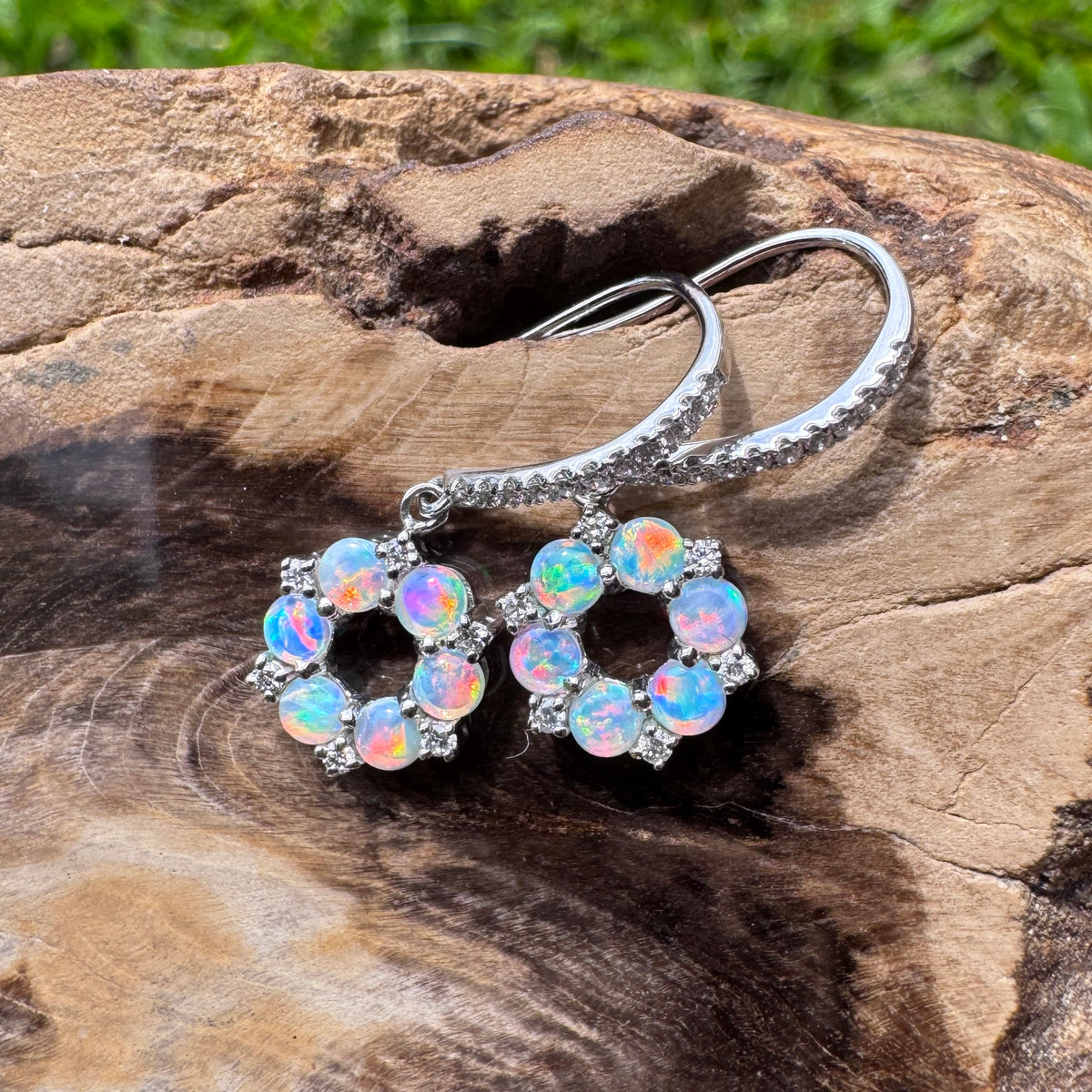 1.2ct Lightning Ridge Opal & 0.23ct Diamond Flower Hook Earrings ~ 'Kings Park Blossom' | 14ct White Gold | Solid Australian Opal