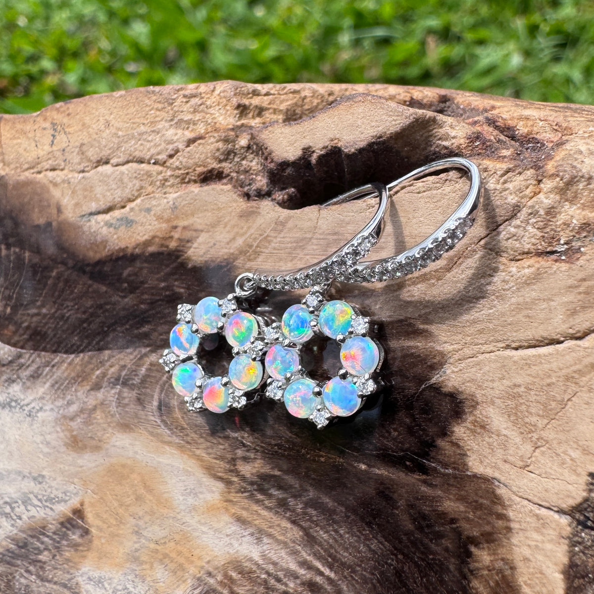 1.2ct Lightning Ridge Opal & 0.23ct Diamond Flower Hook Earrings ~ 'Kings Park Blossom' | 14ct White Gold | Solid Australian Opal