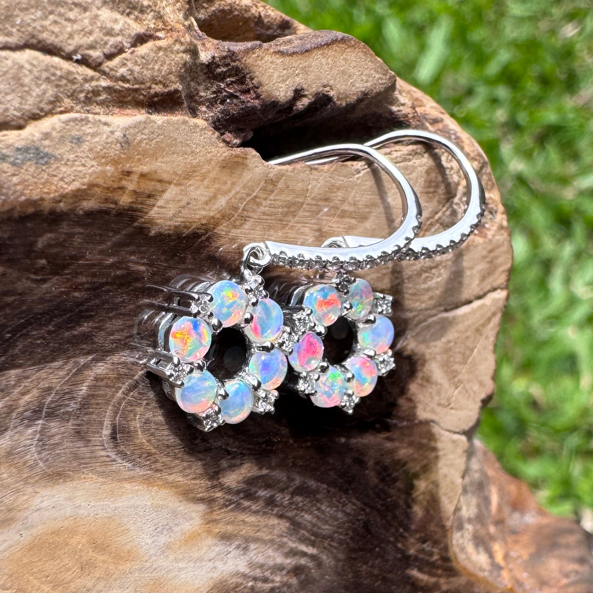 1.2ct Lightning Ridge Opal & 0.23ct Diamond Flower Hook Earrings ~ 'Kings Park Blossom' | 14ct White Gold | Solid Australian Opal