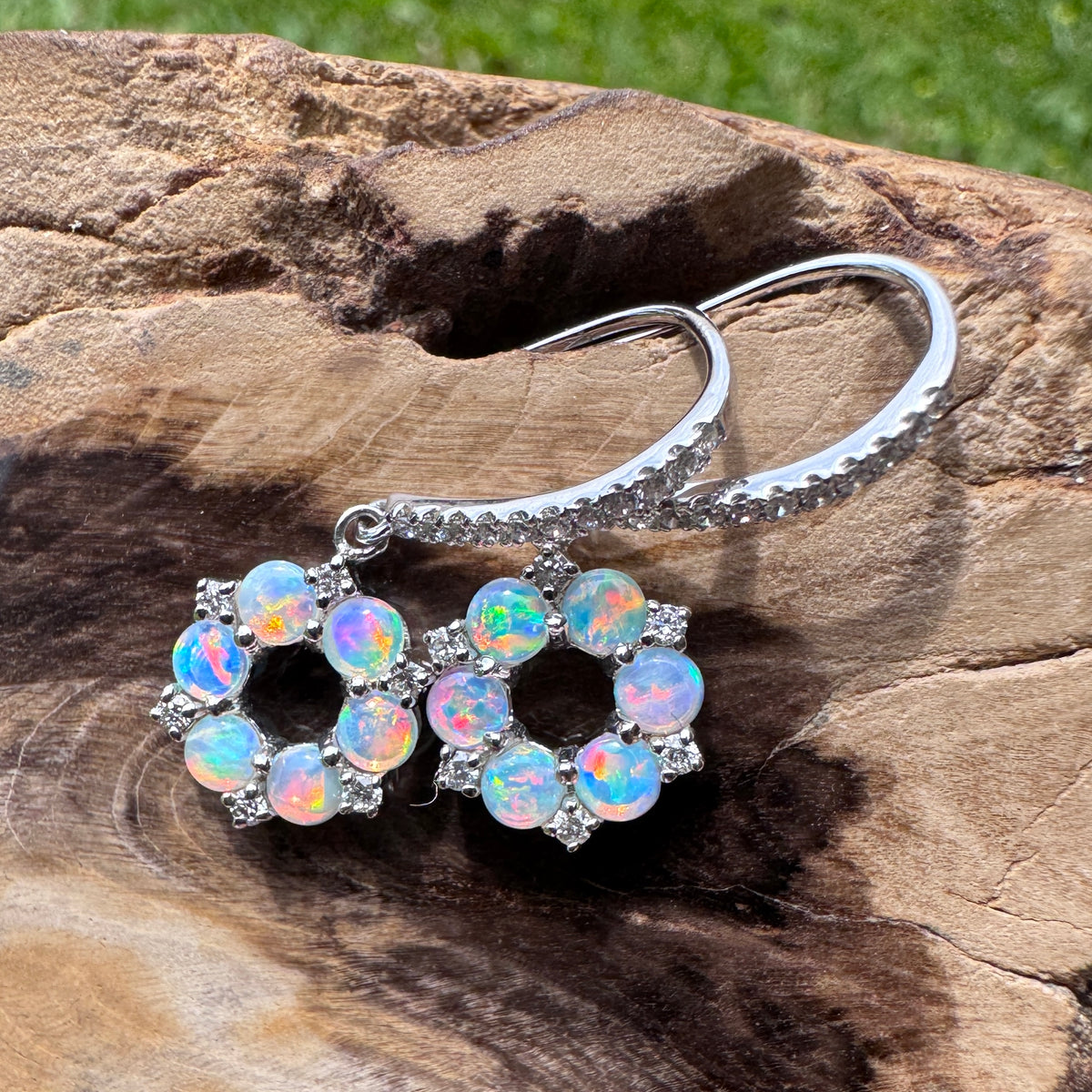 1.2ct Lightning Ridge Opal & 0.23ct Diamond Flower Hook Earrings ~ 'Kings Park Blossom' | 14ct White Gold | Solid Australian Opal