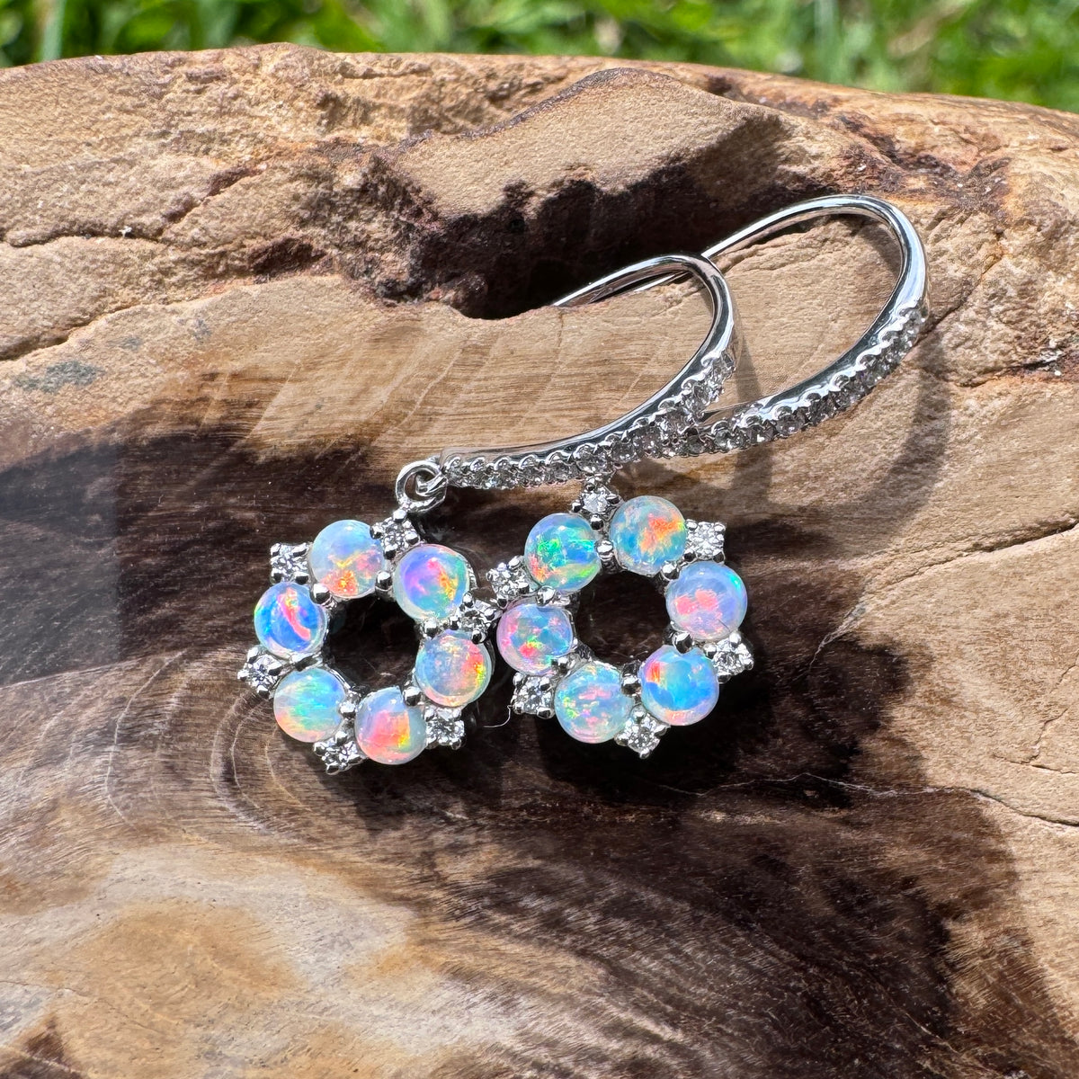 1.2ct Lightning Ridge Opal & 0.23ct Diamond Flower Hook Earrings ~ 'Kings Park Blossom' | 14ct White Gold | Solid Australian Opal