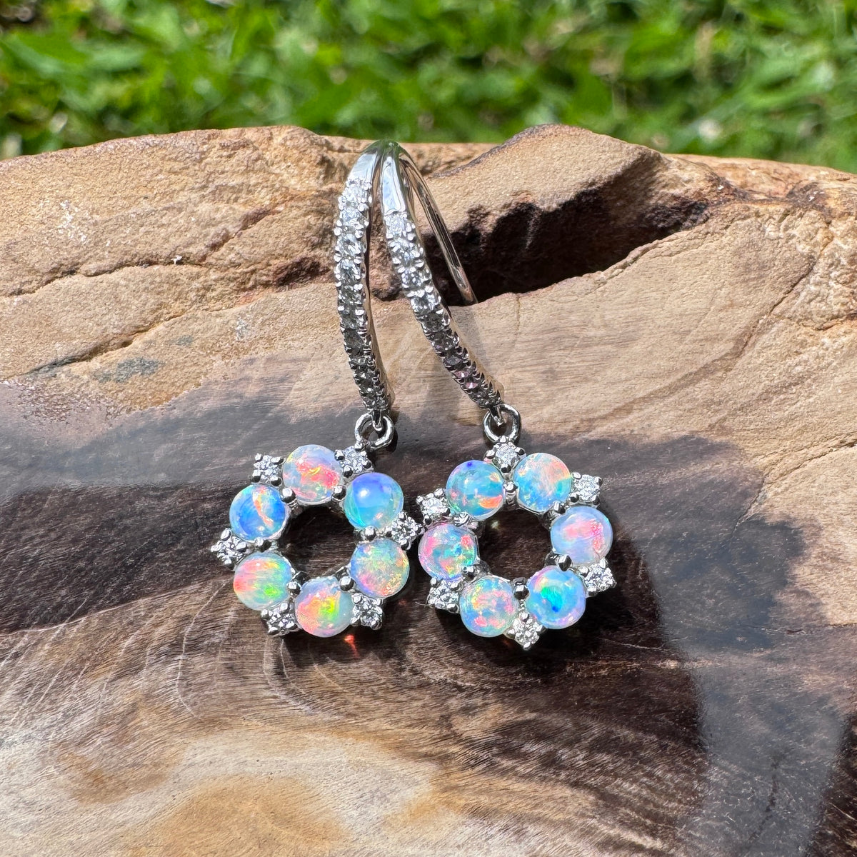 1.2ct Lightning Ridge Opal & 0.23ct Diamond Flower Hook Earrings ~ 'Kings Park Blossom' | 14ct White Gold | Solid Australian Opal