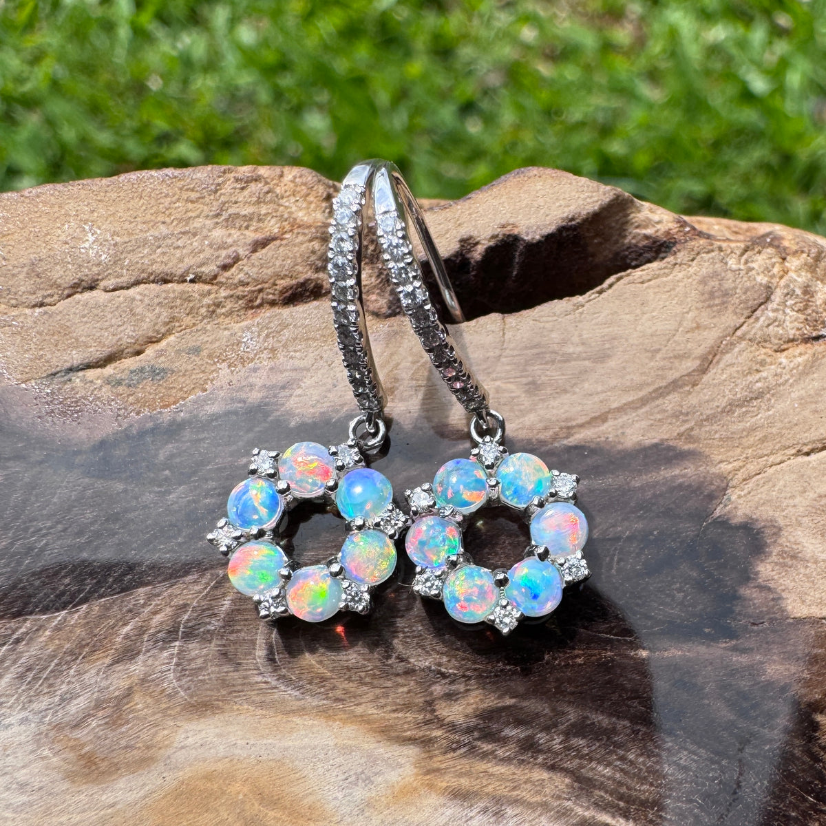 1.2ct Lightning Ridge Opal & 0.23ct Diamond Flower Hook Earrings ~ 'Kings Park Blossom' | 14ct White Gold | Solid Australian Opal