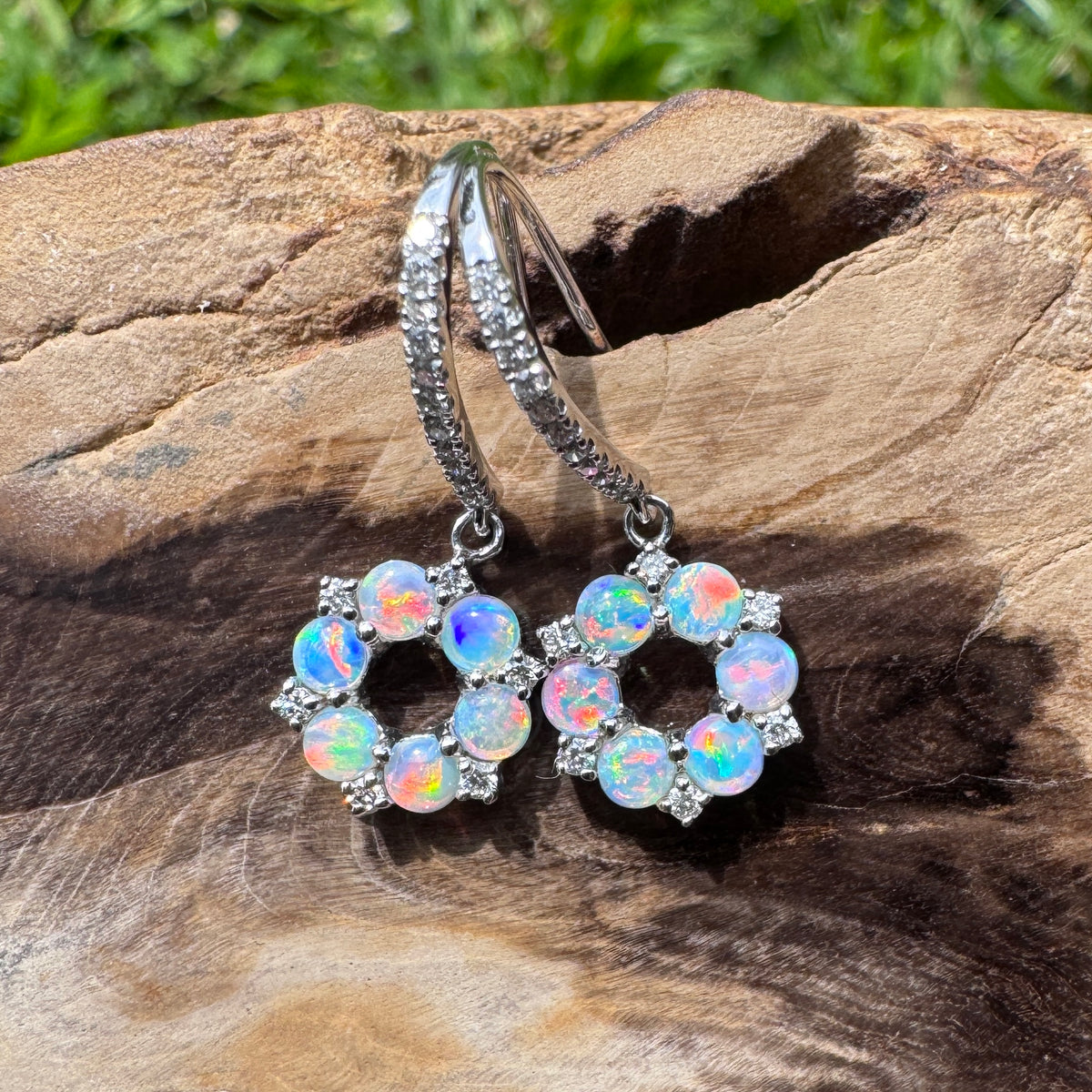 1.2ct Lightning Ridge Opal & 0.23ct Diamond Flower Hook Earrings ~ 'Kings Park Blossom' | 14ct White Gold | Solid Australian Opal