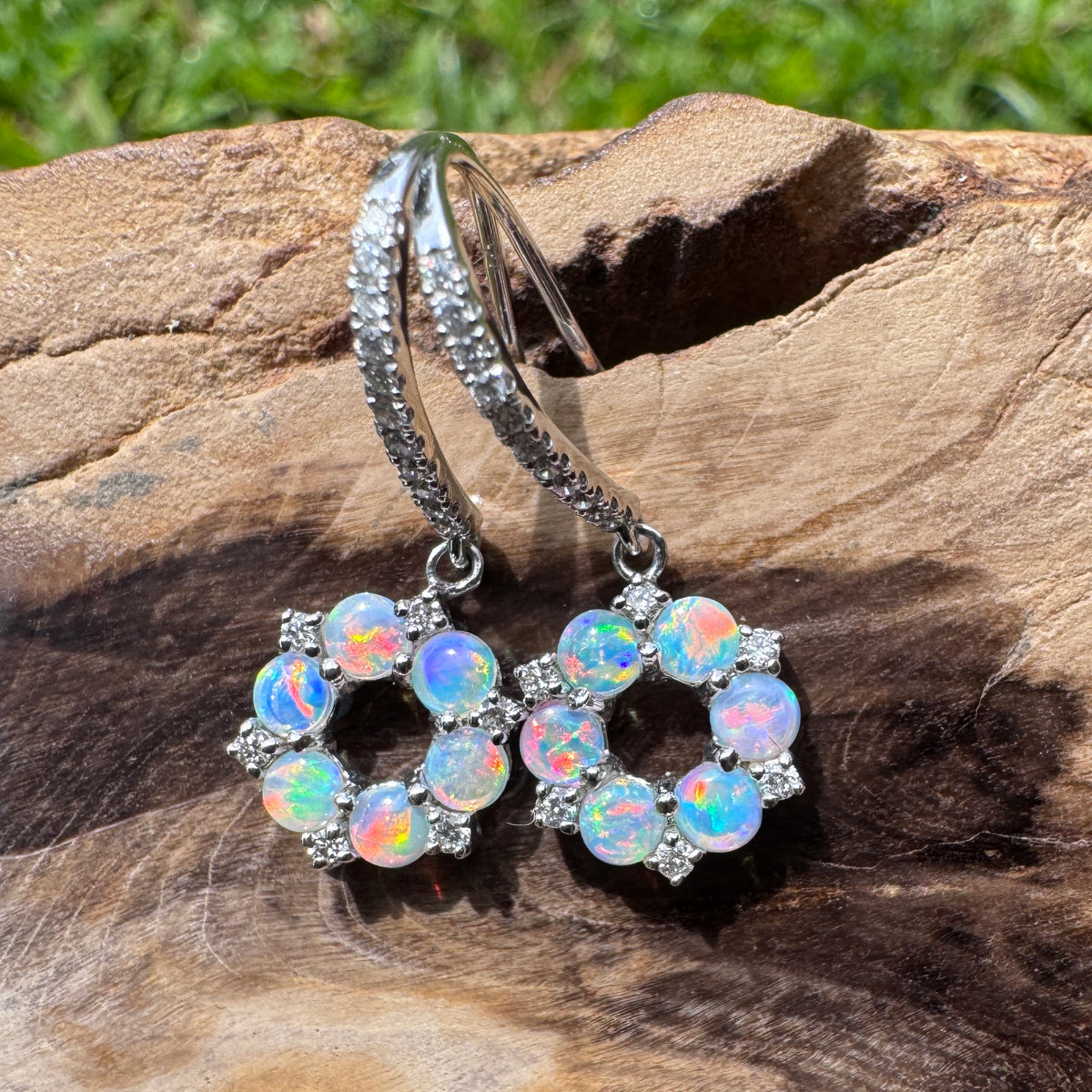 1.2ct Lightning Ridge Opal & 0.23ct Diamond Flower Hook Earrings ~ 'Kings Park Blossom' | 14ct White Gold | Solid Australian Opal