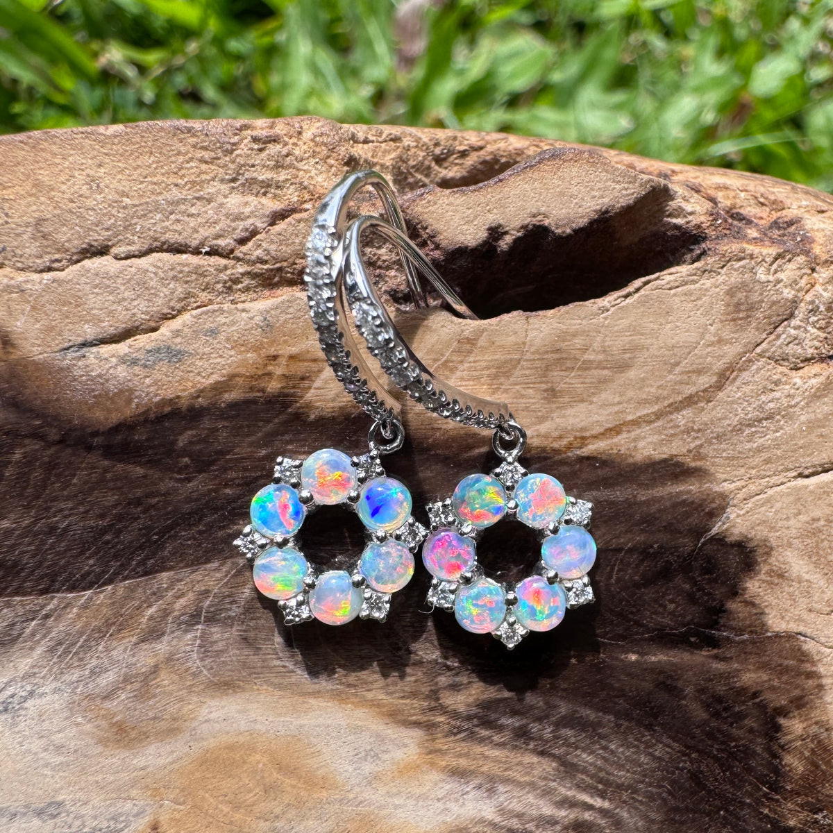 1.2ct Lightning Ridge Opal & 0.23ct Diamond Flower Hook Earrings ~ 'Kings Park Blossom' | 14ct White Gold | Solid Australian Opal